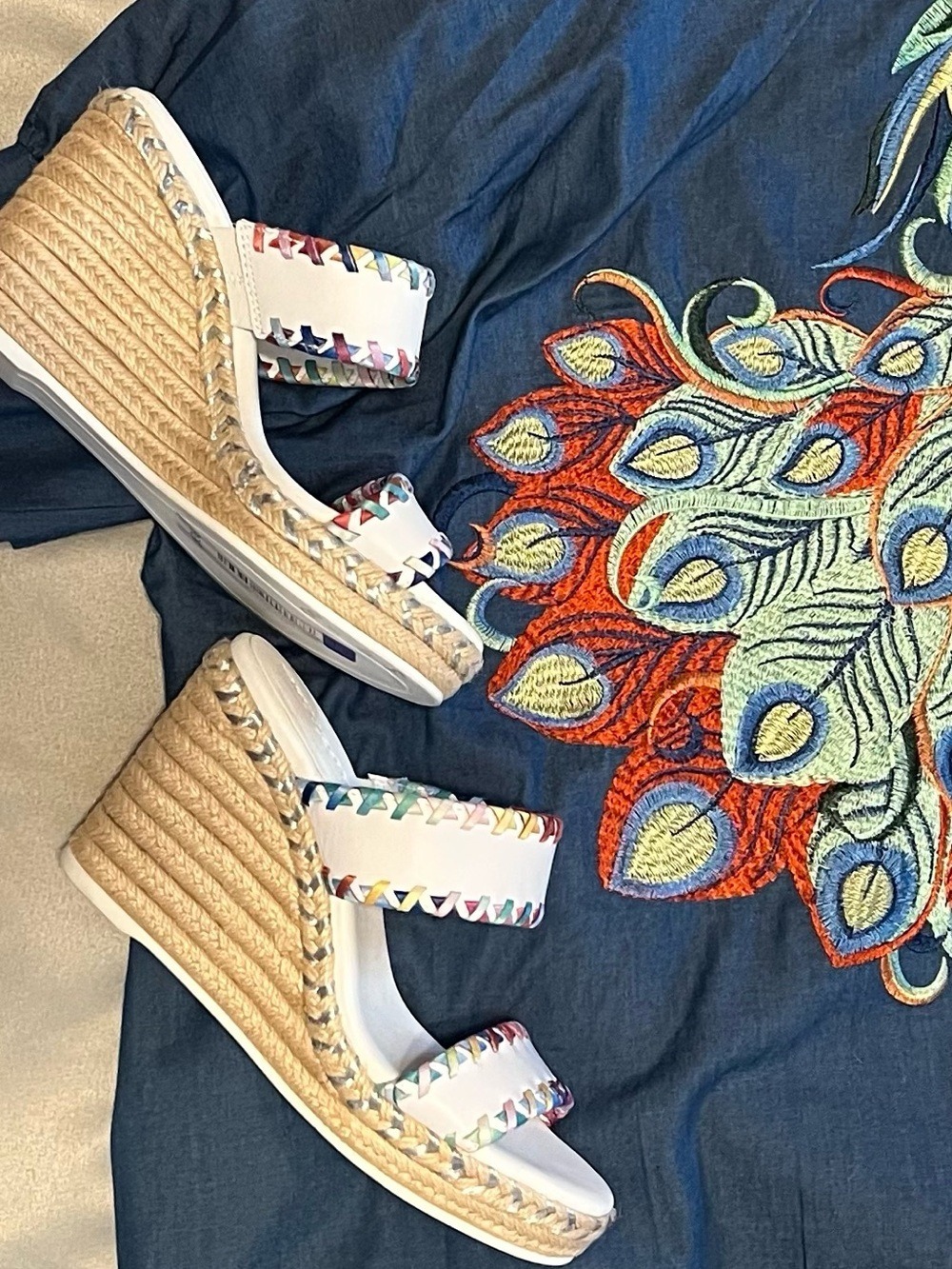 Karl Lagerfeld Paris Rainbow Whipstitch Leather Espadrille Wedge Sandals NWOB